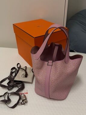 Hermes Pink Floral Perforated Leather Mini Picotin